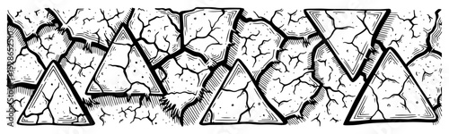 Horizontal grunge banner with hand drawn cracked stone pattern and geometric triangle fragments