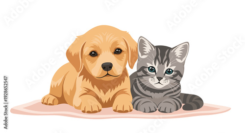 A golden retriever puppy and a grey tabby kitten lie together on a soft pink rug against a solid white background.