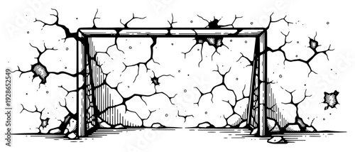 Vintage soccer goal illustration placed against a heavily cracked and damaged concrete wall
