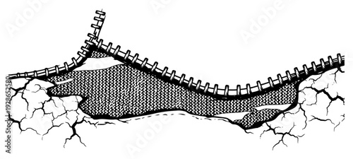 Creative illustration of a metal zipper opening a cracked concrete surface to reveal mesh texture