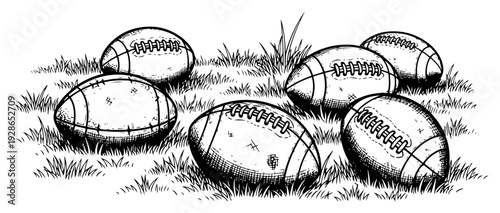 Group of American footballs lying in the grass in a detailed hand drawn sketch style