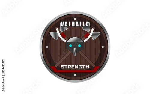 Valhalla Strength Viking Round Shield Badge Crossed Axes Horned Helmet Vector Logo Illustration Design