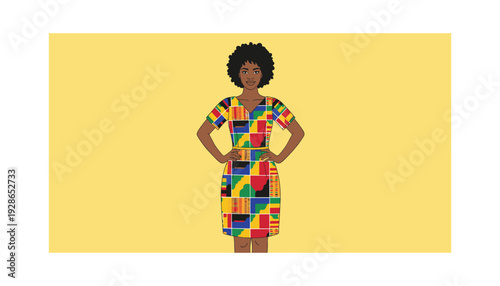 Confident woman in vibrant African print dress standing strong