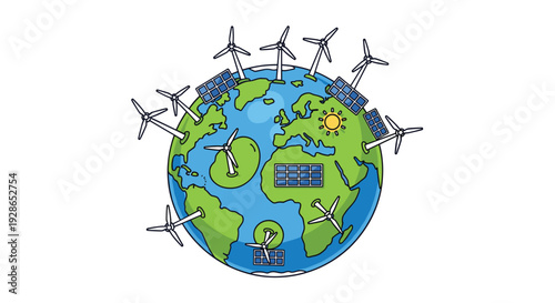 A cartoon Earth globe features white wind turbines and blue solar panels on green continents and blue oceans.