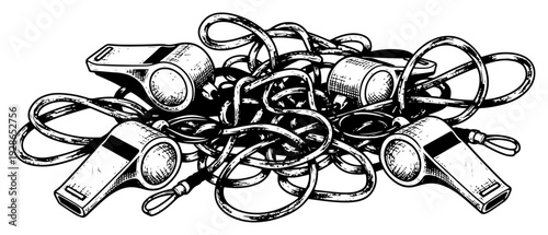 Pile of referee whistles with lanyards in a vintage hand drawn engraving style