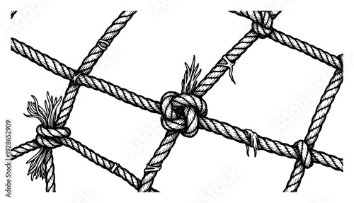 Detailed hand drawn sketch of a thick rope goal net with knots and fiber texture