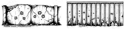 Horizontal borders featuring cracked urban walls and metal corrugated fence textures