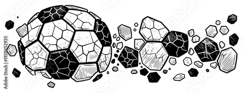 Dynamic hand drawn illustration of a soccer ball shattering into hexagonal fragments