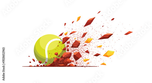 A yellow tennis ball impacts a red clay surface causing an explosion of red and orange dust against a white background.