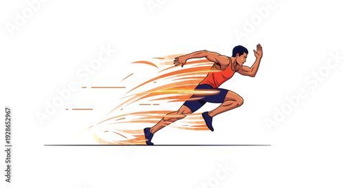 A male athlete in an orange top and blue shorts sprints forward with vibrant orange and yellow speed lines behind him.