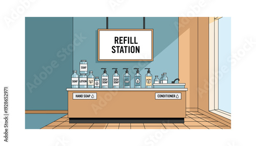 Modern refill station with soap, lotion, and dish soap bottles