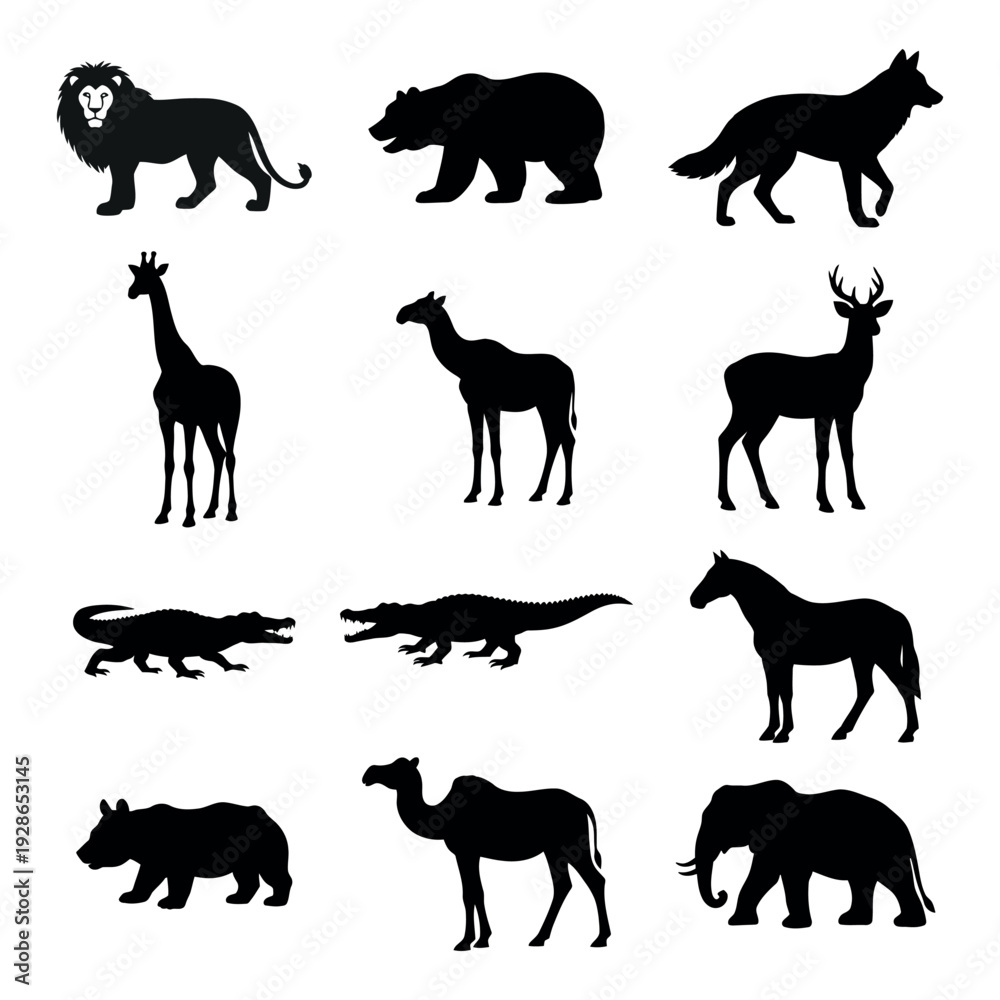 Obraz premium Wild Animals Silhouette Set – Lion, Bear, Wolf, Giraffe, Deer, Crocodile, Horse, Camel, Elephant Vector Collection
