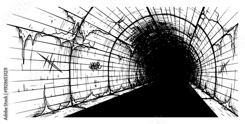 Deep perspective view of a dark circular stadium tunnel with cracked walls and wet floor