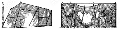 Abandoned soccer field with torn chain link fences and broken goal nets in grunge style