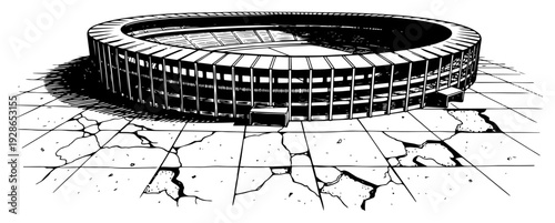 Modern circular stadium architecture standing on a dry cracked ground with perspective lines