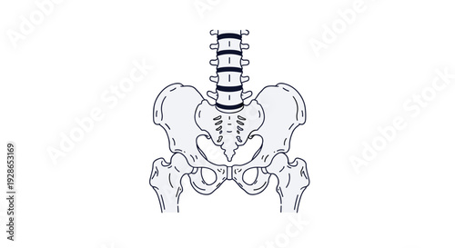 A simplified anatomical illustration shows the human pelvis and lower lumbar spine with dark blue intervertebral discs.