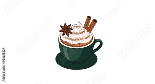 A dark green ceramic cup and saucer contain hot chocolate topped with whipped cream, star anise, and two cinnamon sticks on white background.