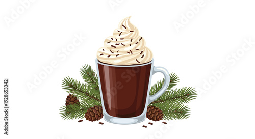 A clear glass mug filled with dark hot chocolate and topped with whipped cream and sprinkles sits among green pine branches and brown pine cones.