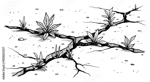 Deserted urban ground with small plants growing through deep cracks in concrete