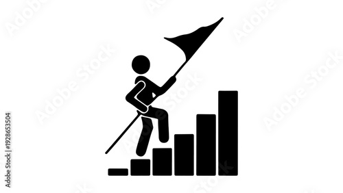 Stick figure climbing up bar graph stairs holding a flag, representing career growth and business achievement.