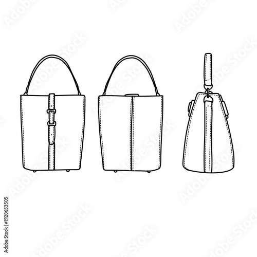 Elegant Bucket Bag Design - Front, Back, and Side Views.