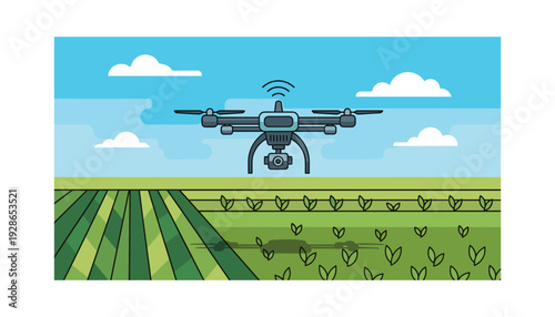 Drone flying over green farm field with camera capturing aerial view