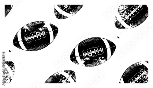 Seamless pattern of American football balls with vintage grunge splatter and hatching texture