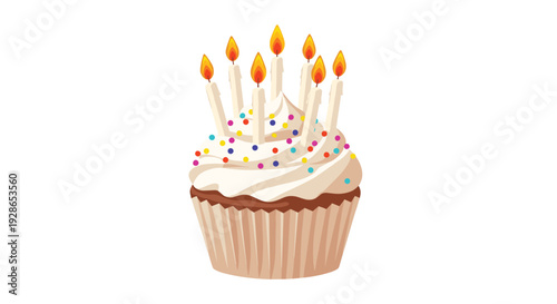 A cupcake with a beige paper liner and white frosting is decorated with colorful sprinkles and seven lit white candles on a white background.