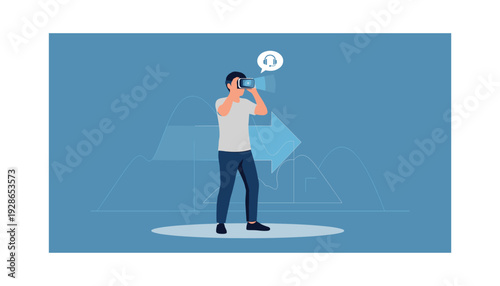 Man experiencing virtual reality with headset and futuristic interface