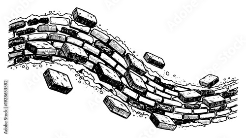 Exploding brick wall wave with falling stones and vintage hand drawn hatching texture