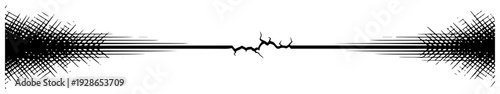 Horizontal design element featuring a central crack with dynamic speed lines and hatching