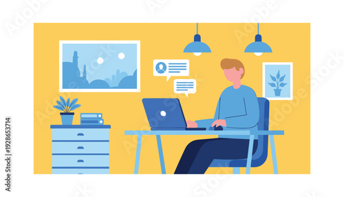 Man working on laptop in modern home office with city view