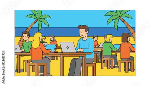 People working on laptops at beachside coworking space with palm trees