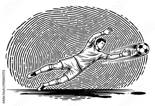 Dynamic woodcut style illustration of a soccer goalkeeper diving for a ball in front of circular background