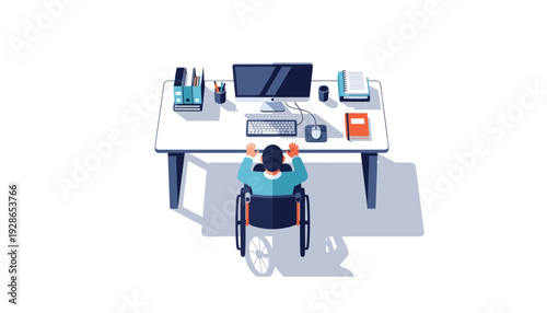 Disabled man in wheelchair working at modern office desk