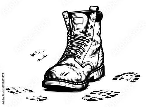 Detailed hand drawn vintage work boot with laces and nearby footprints on the ground