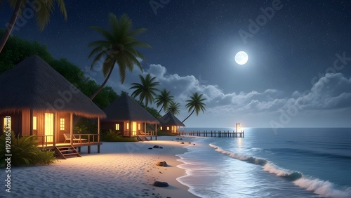 Moonlit tropical beach with illuminated huts and calm ocean waves at dusk, viewed from a serene shoreline.