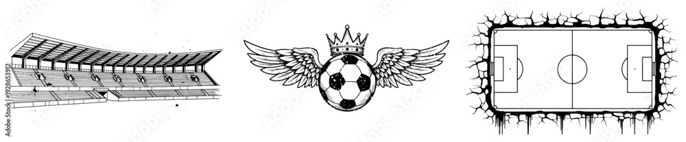 Fototapeta premium Collection of soccer themed design elements including stadium stands and winged ball