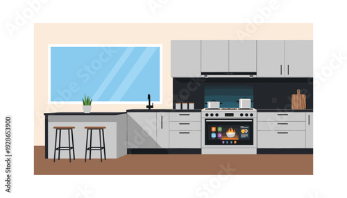 Modern kitchen with smart oven and stylish gray cabinets