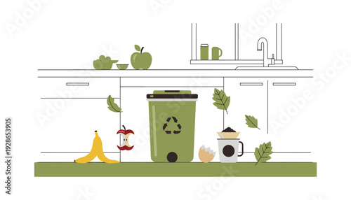 Green recycling bin with organic waste in modern kitchen