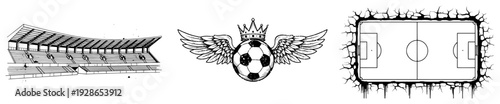 Collection of soccer themed design elements including stadium stands and winged ball