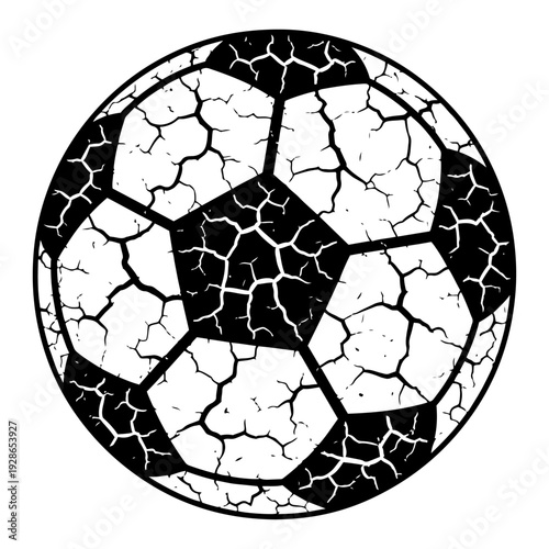 Large high contrast soccer ball with a heavily cracked and weathered surface