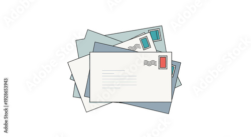 A stack of overlapping paper envelopes in white and blue shades features a red postage stamp on the top letter against a white background.