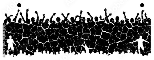 Silhouette of cheering stadium crowd combined with heavy cracked wall texture