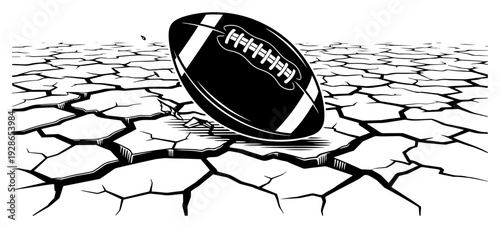 American football ball on a wide perspective of dry cracked earth ground