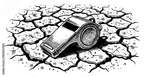 Vintage hand drawn referee whistle on a dry cracked ground surface