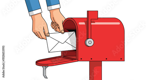 A person in a blue suit places a white paper envelope into an open red metal mailbox against a plain white background.