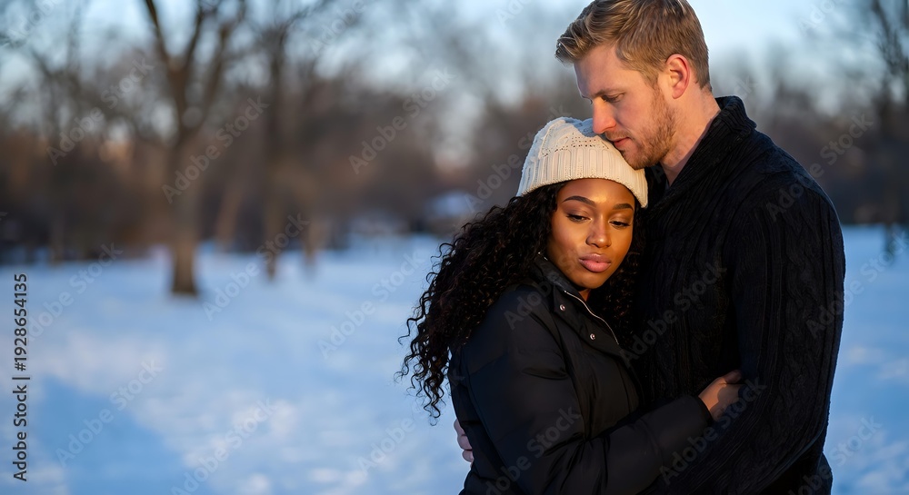 Fototapeta premium Interracial couple embracing in snowy winter park during golden hour sunset. Romantic moment between African American woman and Caucasian man outdoors.