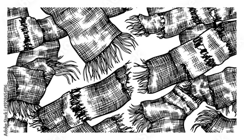 Vintage hand drawn illustration of several checkered fans scarves in engraving style