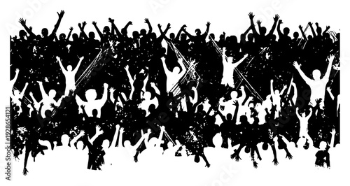 Silhouette of an excited crowd of sports fans cheering with raised hands